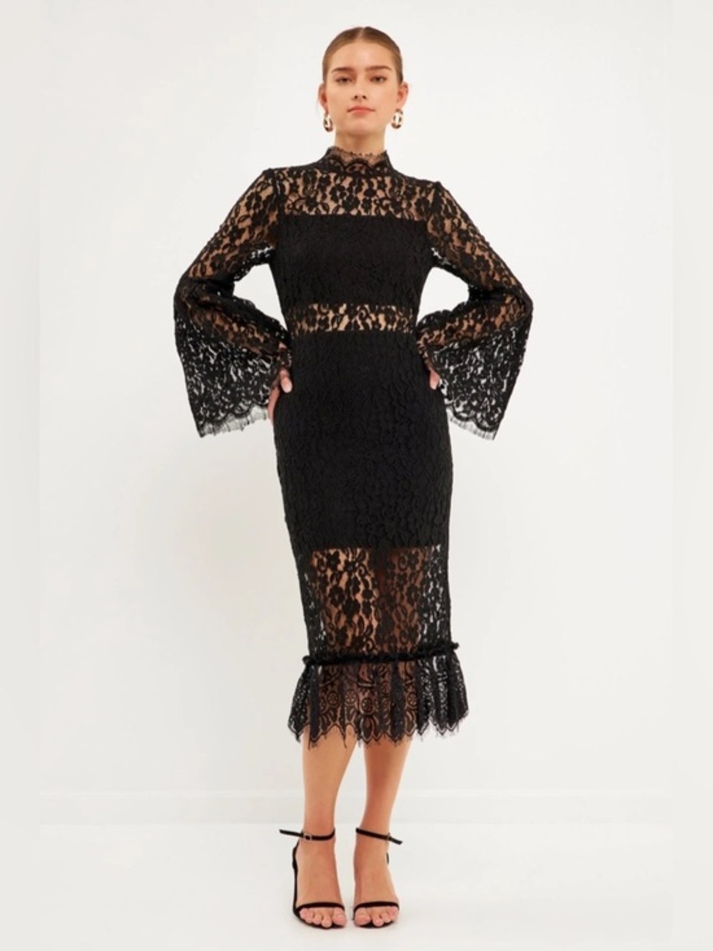 Anthropologie Endless rose black sheer lace flare sleeve midi dress